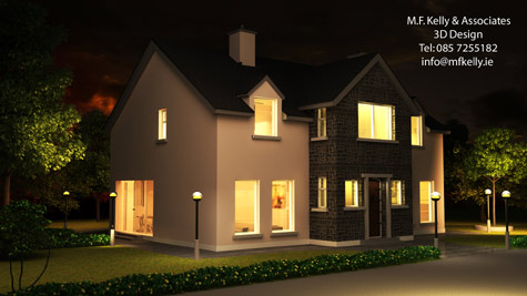 MF Kelly 3D House Front View Night